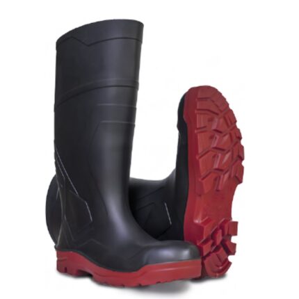 PVC rain boots.